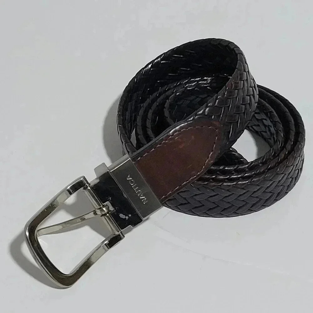 Nautica Belt 36 Mens Braided Woven Leather Reversible Black Brown 43" End to End